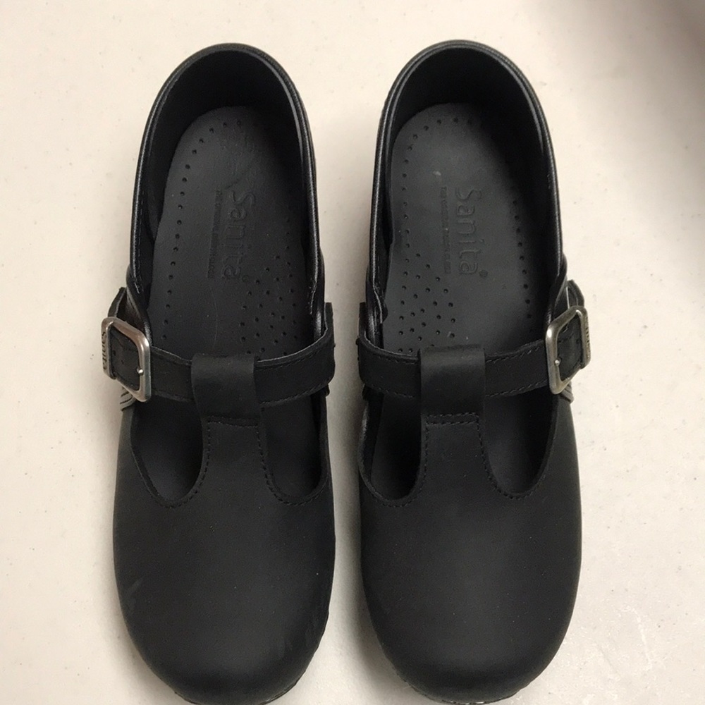Sanita black leather Mary Jane style clogs, new